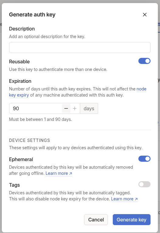 Tailscale Auth Key Options